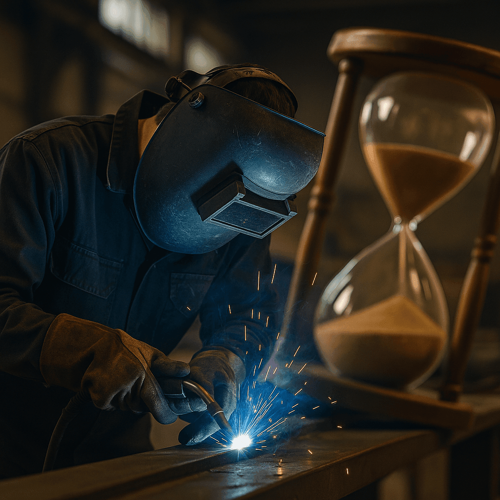 Welder working with a tilted sand clock in the background symbolizing fast turnaround and time-sensitive welding services